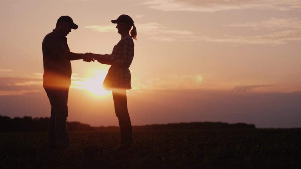 Zwei Menschen geben sich auf einem Feld die Hand beim Sonnenuntergang