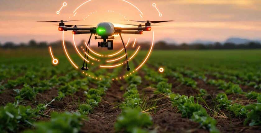 KI-Bild: Drohne über einem Feld