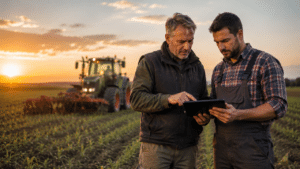 Zwei Landwirte stehen auf einem Acker bei Sonnenuntergang und gucken auf ein Tablet.