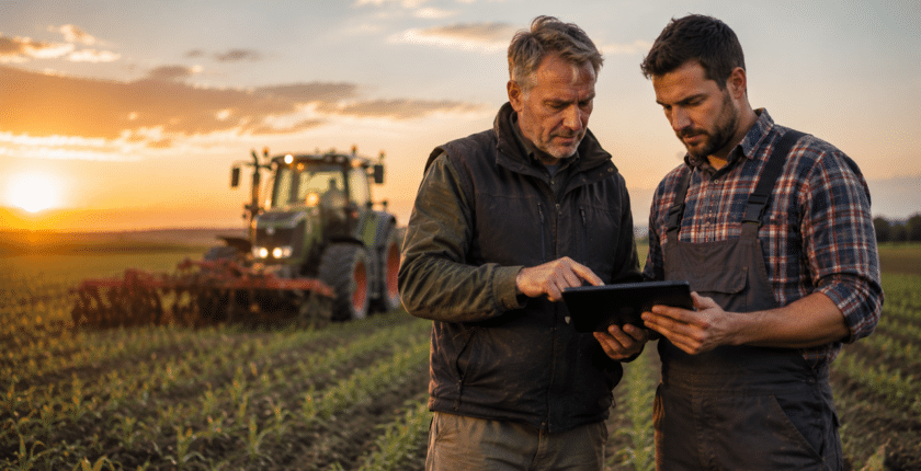 Zwei Landwirte stehen auf einem Acker bei Sonnenuntergang und gucken auf ein Tablet.