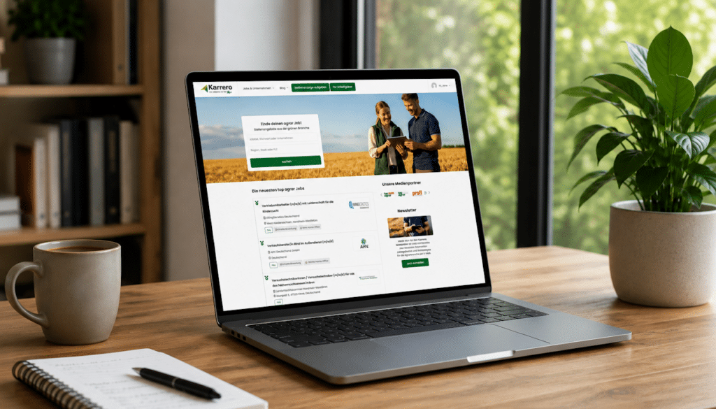 Laptop mit Karrero Jobbörse für Agrarabsolventen und Fachkräfte der Agrarbranche.