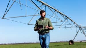 Mitarbeiter eines Agrarunternehmens kontrolliert Pflanzen auf einem Feld mit Tablet.